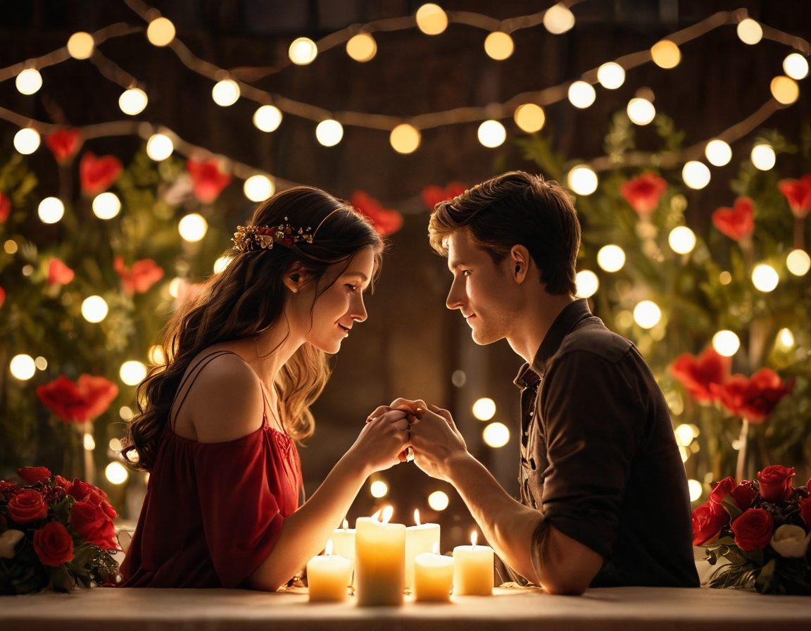 A warm, intimate setting with a couple holding hands across a candlelit dinner table, surrounded by soft, glowing fairy lights and blooming flowers. Their eyes locked in connection, with a blurred heart-shaped bokeh in the background, symbolizing love and passion. The colors should evoke warmth and romance, with shades of red and gold. super-realistic. soft focus. warm colors.