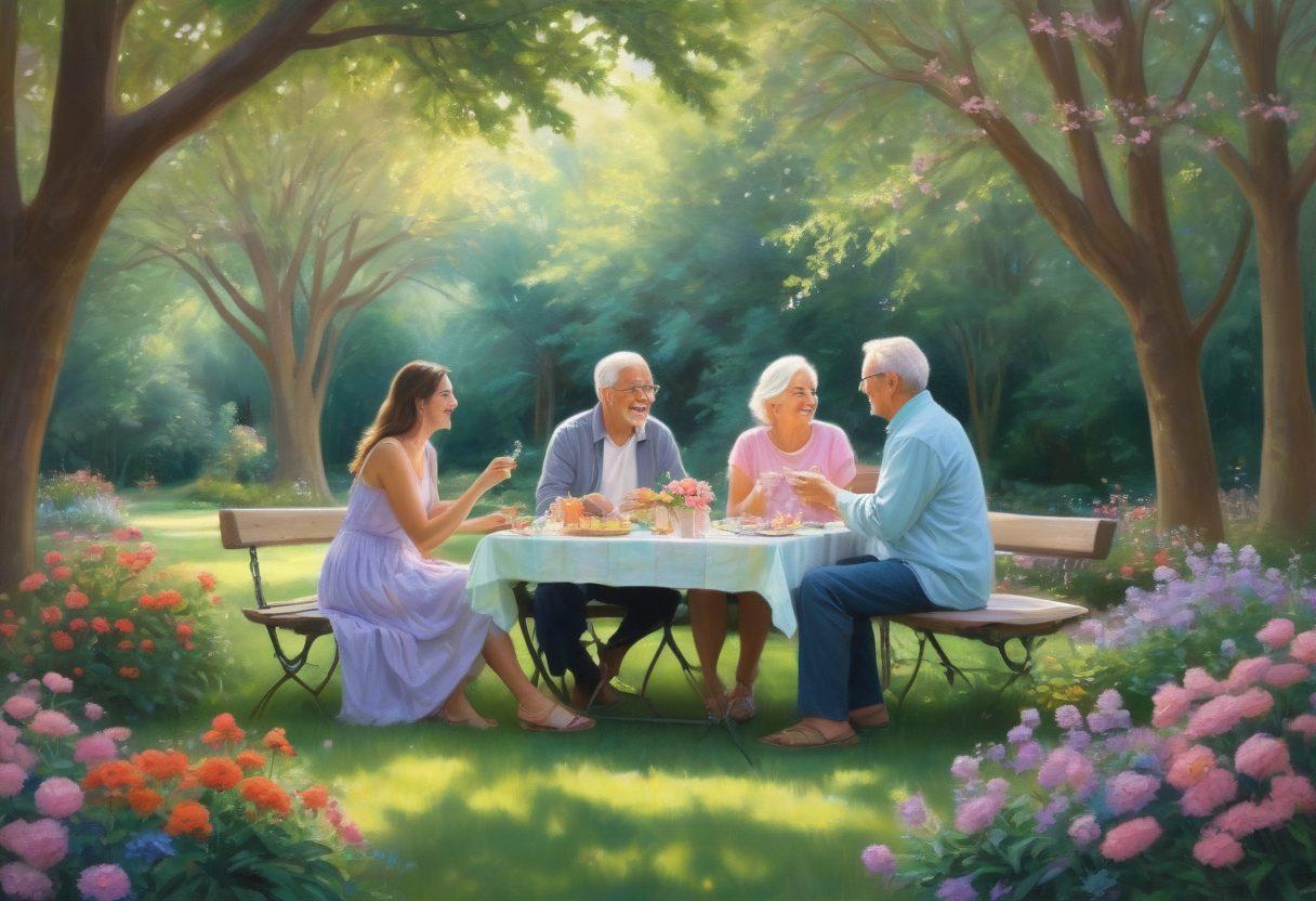 A warm, inviting scene featuring diverse couples sharing joyful moments in a lush park, surrounded by blooming flowers and twinkling fairy lights. Include gestures of support, such as a couple laughing with friends, an older couple sharing wisdom, and a young couple enjoying a picnic. The atmosphere should radiate love and connection, emphasizing community spirit. soft pastel colors. dreamy painting.