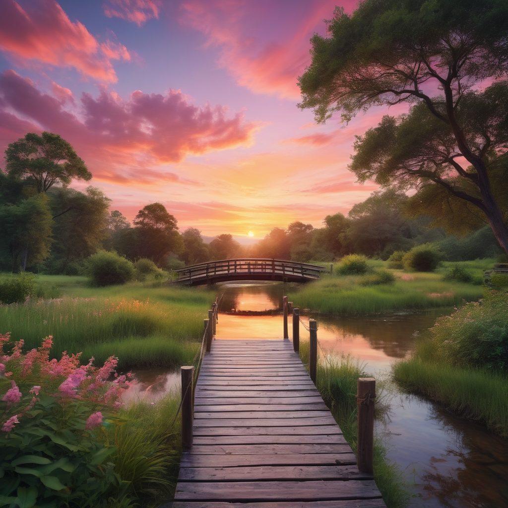 A beautiful sunset over a serene river, where a wooden bridge elegantly connects two lush green landscapes. On one side, a couple holds hands, symbolizing connection, while the other side features a cozy, intimate setting with candles and soft pillows. Wisps of clouds above reflect warm shades of pink and orange, evoking a sense of tranquility and love. super-realistic. vibrant colors. romantic atmosphere.